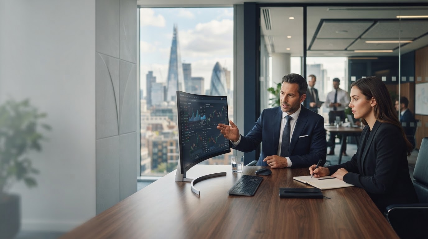 Trade Prime AI remote workspace showing a laptop with a live data dashboard, city skyline visible through the window behind it